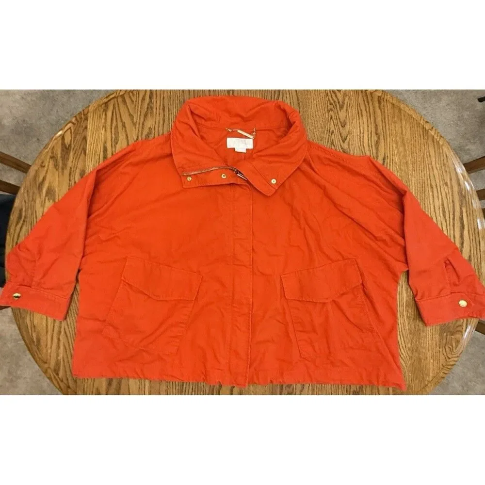 Michael Kors Womens Cropped Canvas Jacket 3X Bright Orange Zip Front Cotton